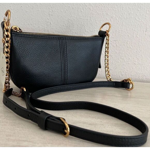 Fossil Jolie Black Gold Mini Bag Crossbody Purse Soft Genuine Leather - Picture 12 of 13